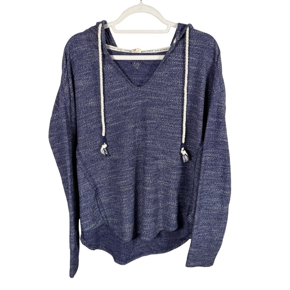 Roxy V-Neck Navy Sweater with Hood Size M Boho Surfwear Coastal Lightweight